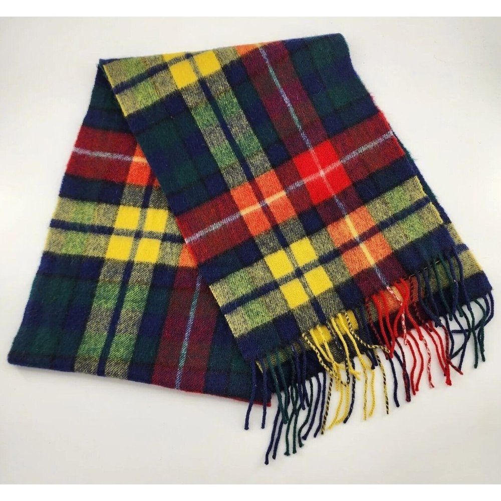 James Pringle Weavers 100% Wool Scarf Multicolor Plaid Fall Colors Fringe
